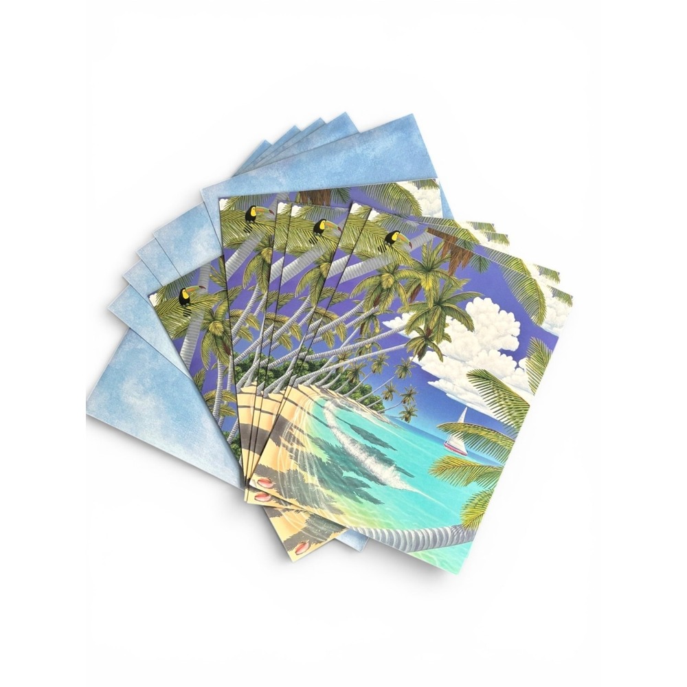 VINTAGE New Leanin' Tree 6-Pack Birthday Cards PARADISE AT NOON Palm Tree Boat